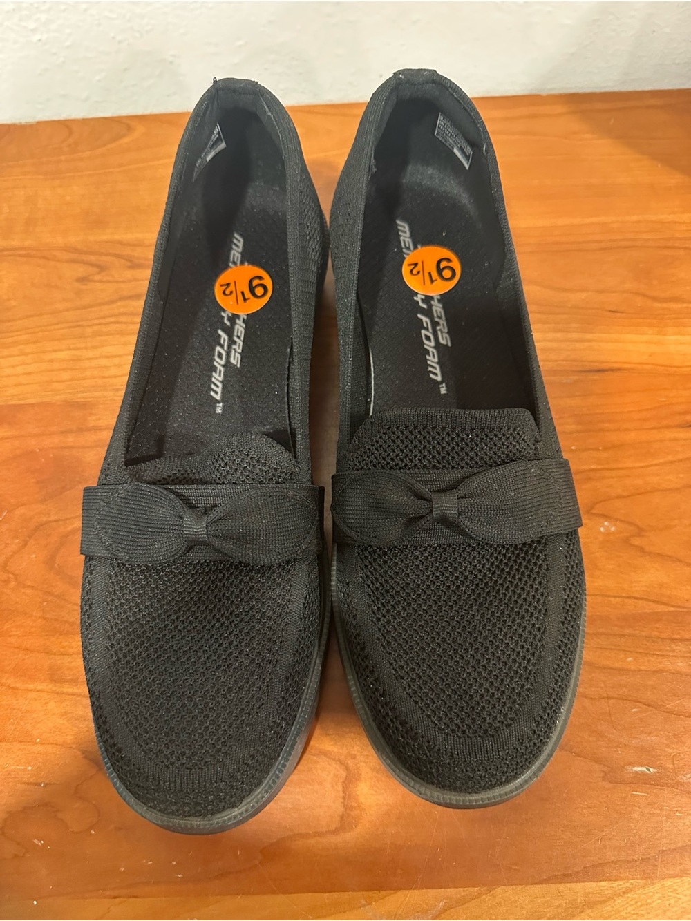 Skechers Black Knit Slip-On Loafers with Bow Accent